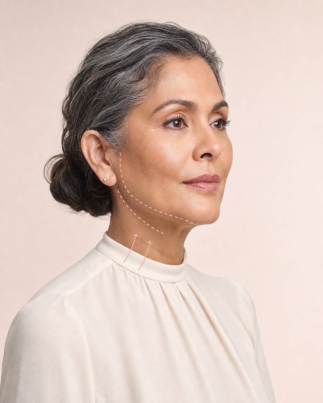 Adult woman’s facial profile with editorial lifting guides